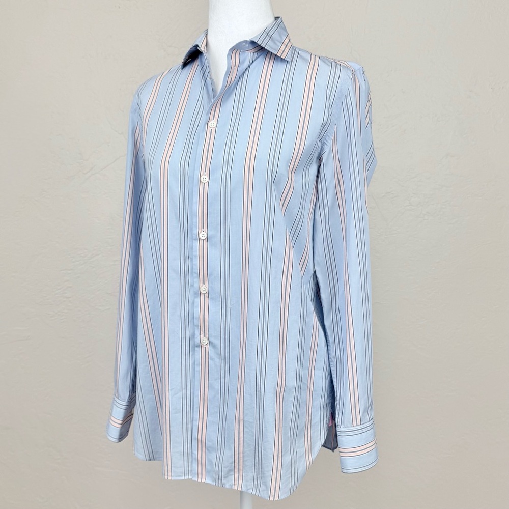 Thomas Pink Tailored Blue & Peach Stripe Button Down Blouse Size 38 EU 6 US